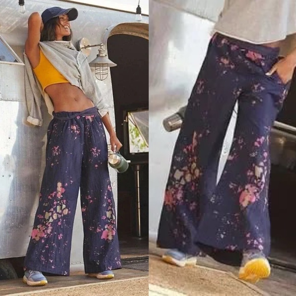 NWT Free People Movement Day Trippin Blue Splatter Wide Leg Pants